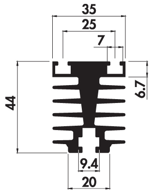 Extruded heatsink E35 44 Product Drawing