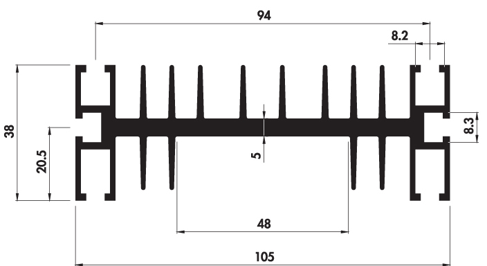 Extruded heatsink H105 38 Product Drawing