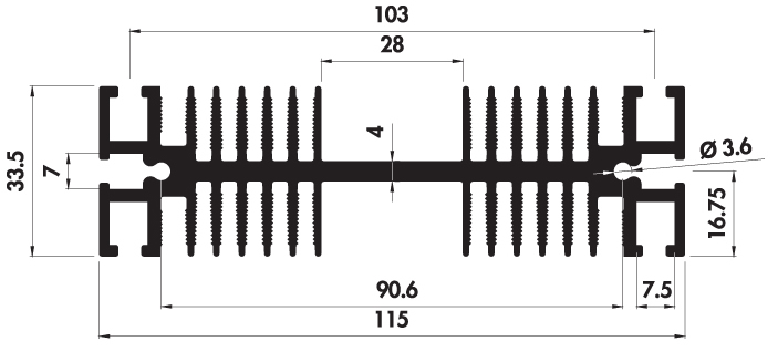 Extruded heatsink H115 33 Product Drawing