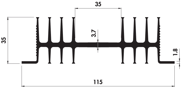 Extruded heatsink H115 35 Product Drawing