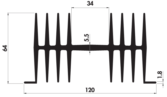 Extruded heatsink H120 64 Product Drawing