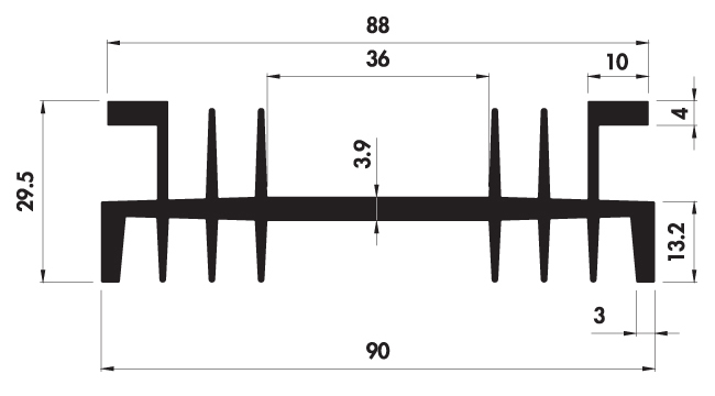 Extruded heatsink H90 29.5 Product Drawing