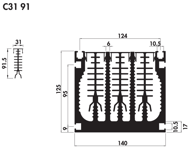 Extruded heatsink PC140 125 Product Drawing