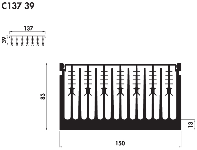 Extruded heatsink PC150 83 Product Drawing