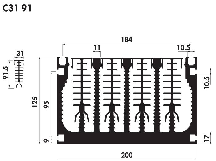 Extruded heatsink PC200 125 Product Drawing