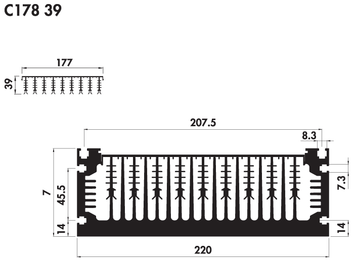 Extruded heatsink PC220 77 Product Drawing