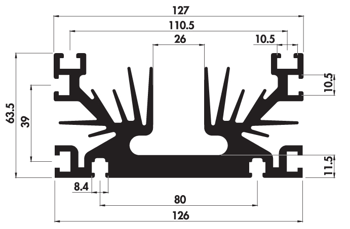 Extruded heatsink T126 63 Product Drawing