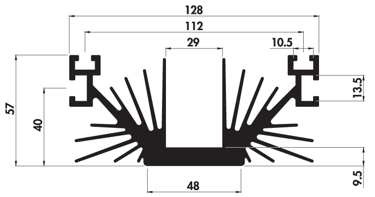 Extruded heatsink T128 57 Product Drawing