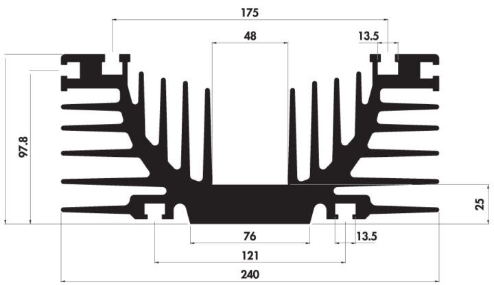 Extruded heatsink T240 108 Product Drawing