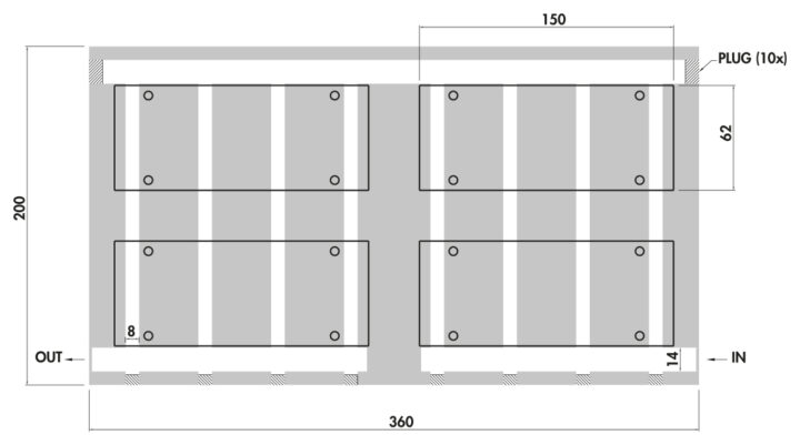 Gun drilled heatsink LCP 360x22/200 - GD 8 Pass Product Drawing