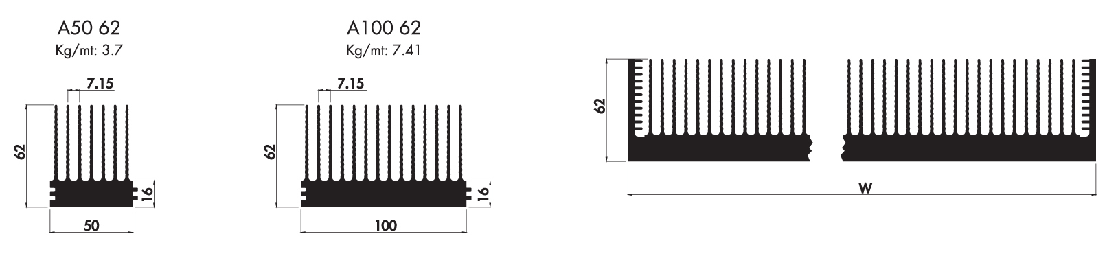 High performance heatsink PA50 62 PA100 62 Product Drawing