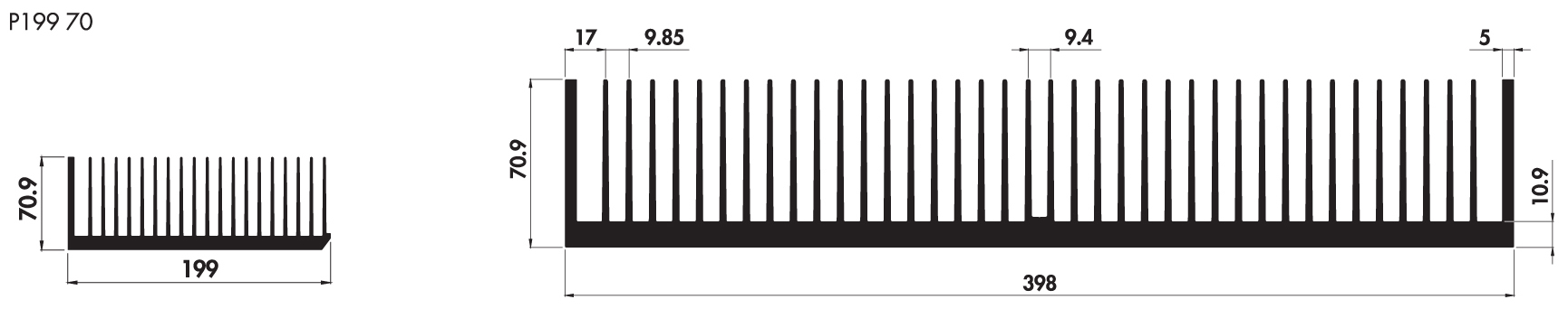 Welded heatsinks P398 70 Product Drawing